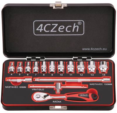 4CZech Gola Sada 15-dielna sada nástrčných hlavíc 1/4" 4-14 + račňa 72 zubová