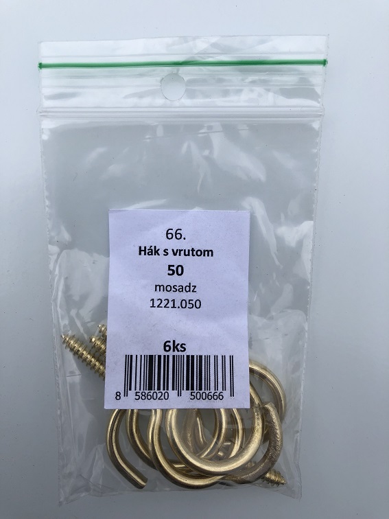 Hák s vrútom mosadz 50mm 6ks/bal.