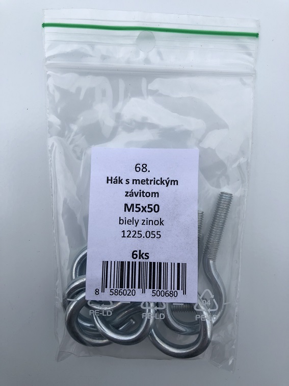Hák s metrickým závitom M6x50 biely zinok 6ks/bal.