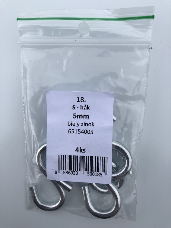 S-hák 5mm biely zinok 4ks/bal.