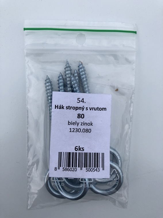 Hák stropný s vrútom 80mm biely zinok 6ks/bal.