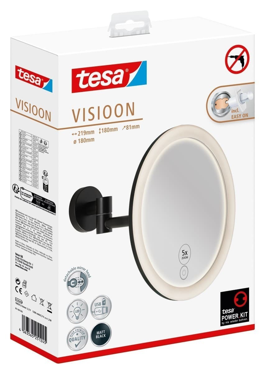 Tesa® VISIOON LED kosmetické zrkadlo s otočným ramenom čierne