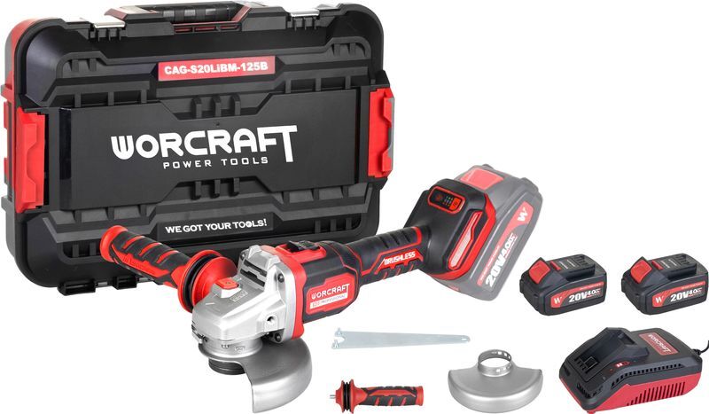 Set Worcraft CAG-S20LiBM uhlová brúska 125mm ShareSYS, 2x 4.0Ah akumulátor + nabíjačka, bezuhlíková, 6 rýchlostná